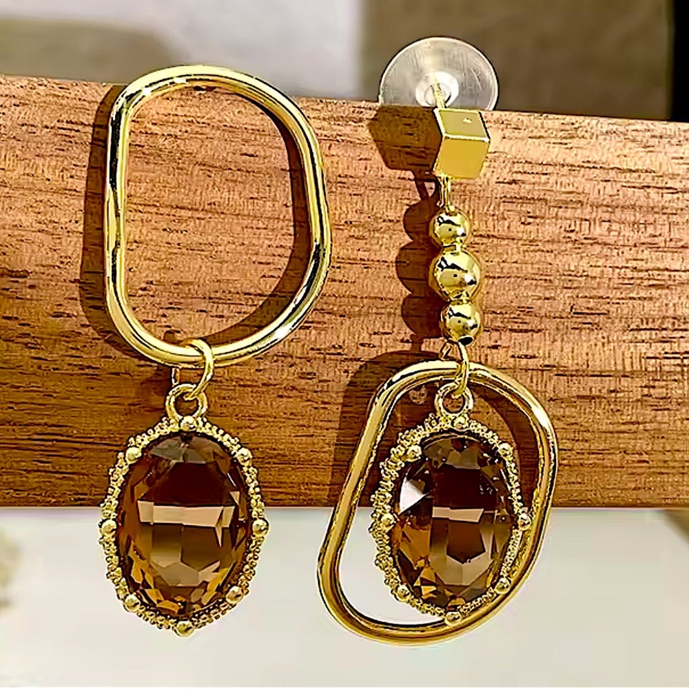 Vintage Crystal Smoky Topaz Earrings Asymmetrical Geometric